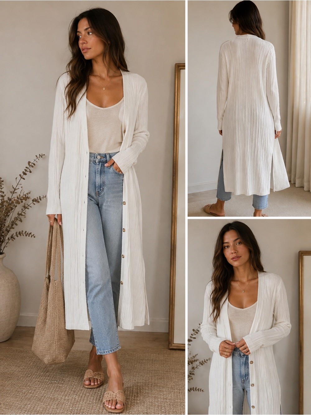 Free People Cream Long Ribbed Button-Front Cardigan
